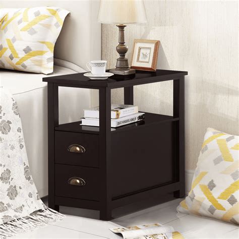 Sofa Side Narrow End Table With 2 Drawer And Shelf Nightstand For Small