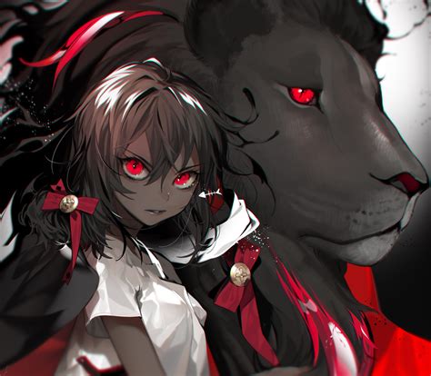 Hd wallpapers and background images. Wallpaper : anime girls, ohisashiburi, lion, looking at viewer, red eyes, short hair, dark skin ...