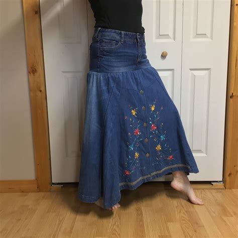 upcycled denim skirt recycled blue jeans floral embroidered etsy long skirts for women