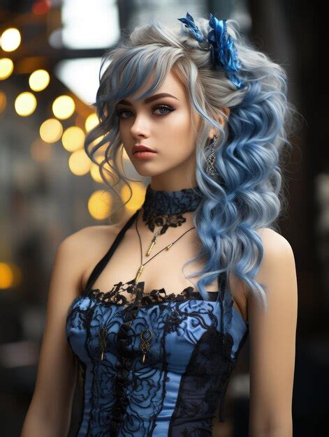 Premium Ai Image Beautiful Girl With Blue Hair In A Lace Dress