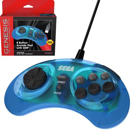 Sega Genesis 8 Button Arcade Pad Controller Usb Clear Blue