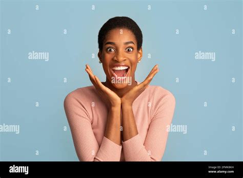 Human Emotions Concept Portrait Of Surprised Black Lady Exclaiming