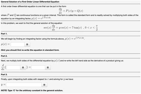 Solved General Solution Of A First Order Linear Differential