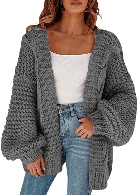 Cicy Bell Womens Open Front Chunky Knit Cardigan Loose Lantern Sleeve