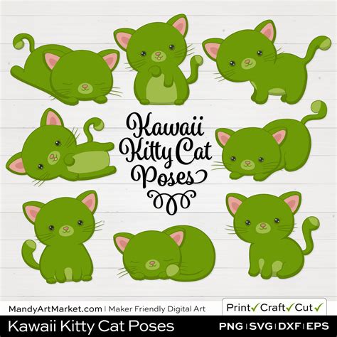 Bamboo Green Kawaii Kitty Cat Poses Clipart On White Background Mandy