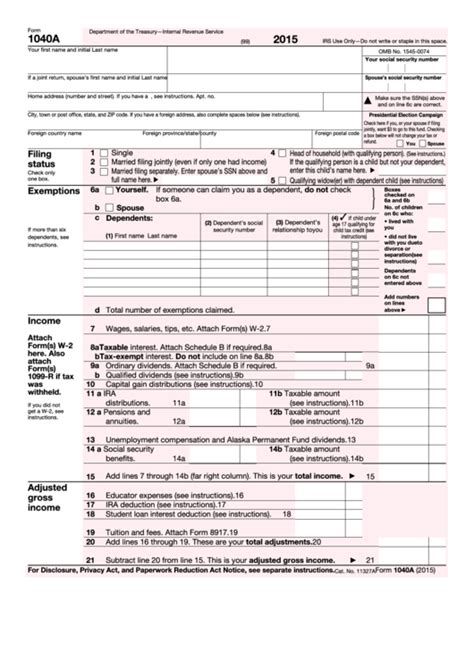 Fillable Form 1040a Us Individual Income Tax Return 2015