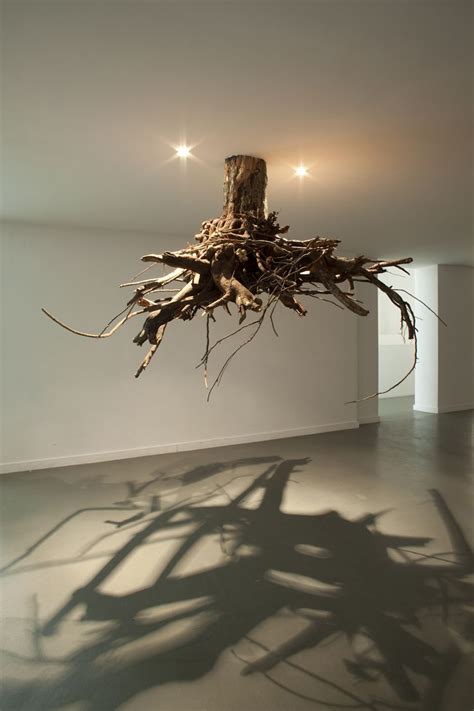 tree roots emerge from the ceiling in an installation by giuseppe licari installation art