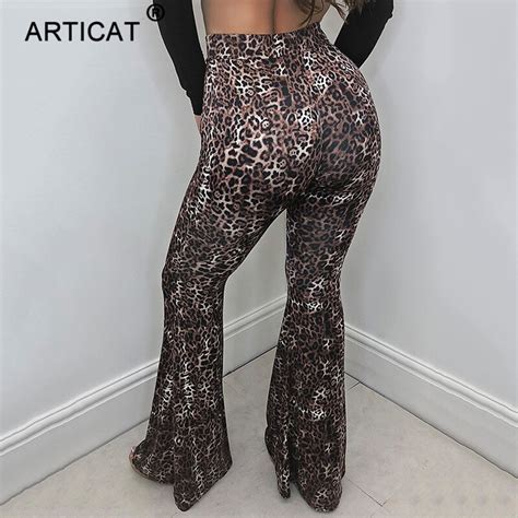 Articat Fashion Leopard Print Flare Pants Women High Waist Skinny Wide Leg Pants Streetwear