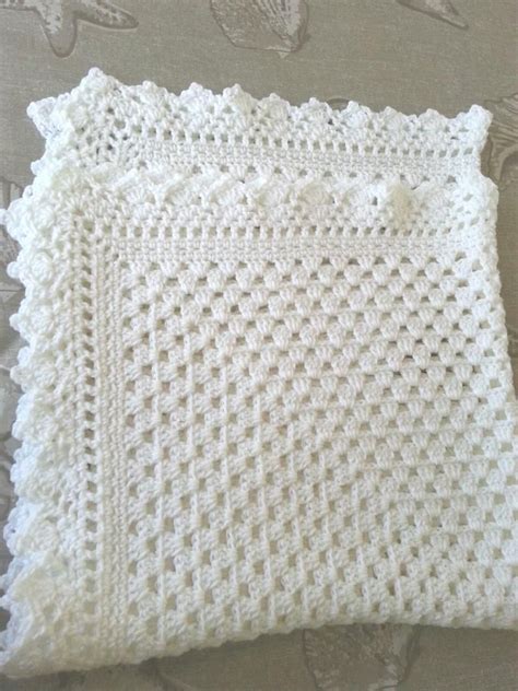 White Crochet Christening Baptism Baby Blanket With Fancy Edge Etsy