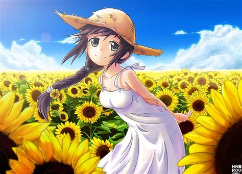 Sunflower Pretty Dress Scenic Breeze Floral Sweet Nice Anime Hot Anime Girl Hd