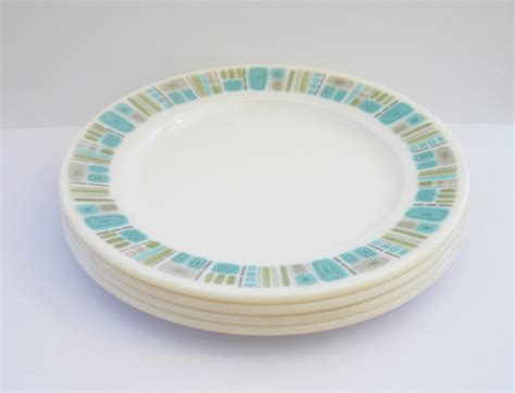 Set Of 4 Vintage Melamine Plate Turquoise And Olive Colour Retro