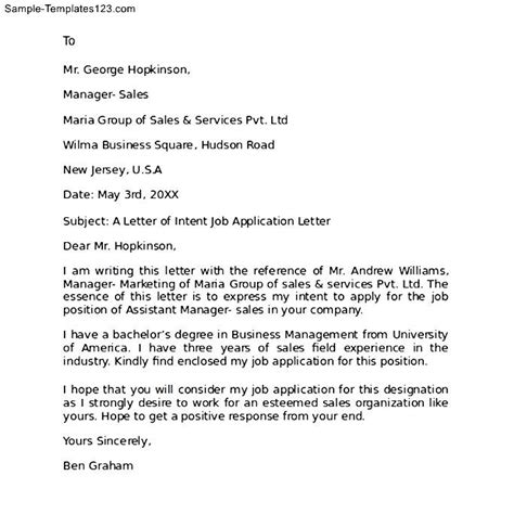 Maybe you would like to learn more about one of these? Letter of Intent for Supervisor Position - Sample ...