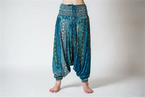 Peacock Feather Jumpsuit Harem Pants In Silver Blue