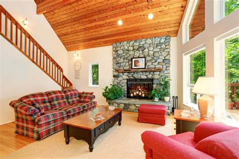 Open Floor Plan Living Room Interior With Rocks Trim Fireplace Stock