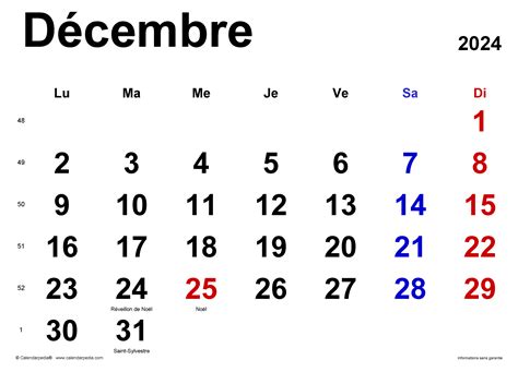 Calendrier Décembre 2024 Excel Word Et Pdf Calendarpedia