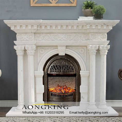 Simple Style White Marble Fireplace Mantel With Roman Column Relief