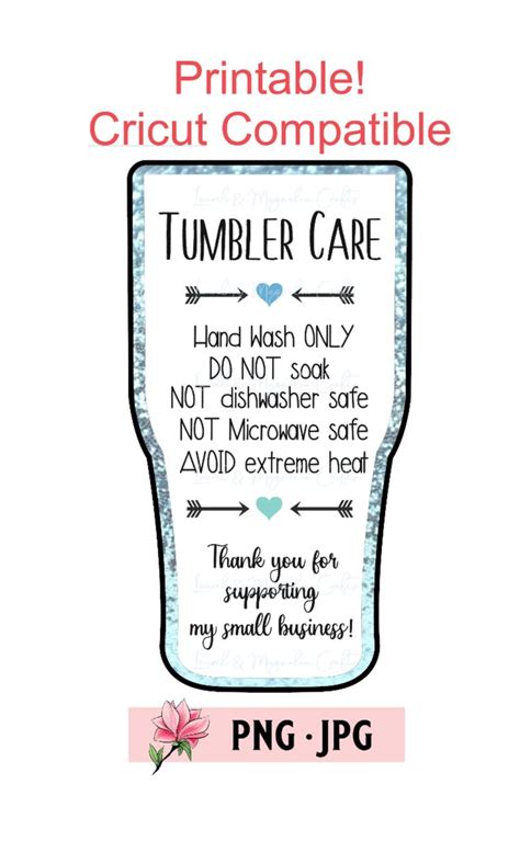 The Printable Tumbler Care Label Is Shown With Pink Flowers And Text On It
