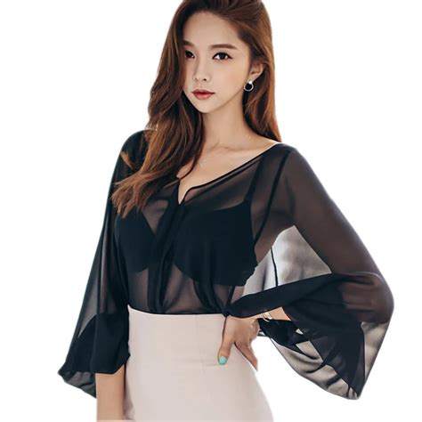 2017 Elegant Korean Women Chiffon Blouse Shirt V Neck Bat Sleeves Women