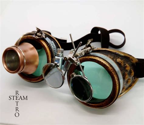 Bronze Steampunk Goggles Double Loupe Green Lens Cyber Etsy