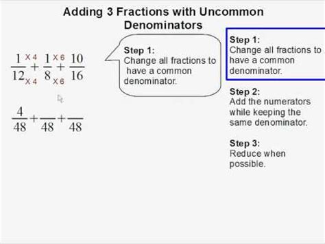 Here you will find a selection of free fraction worksheets designed to help your child understand how to add fractions with the same denominator. Adding 3 Fractions with Uncommon Denominators - YouTube