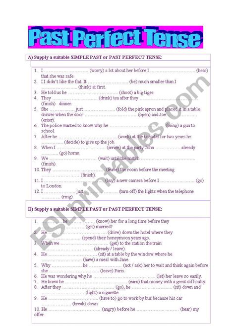 Past Perfect Tense Esl Worksheet By Jeep