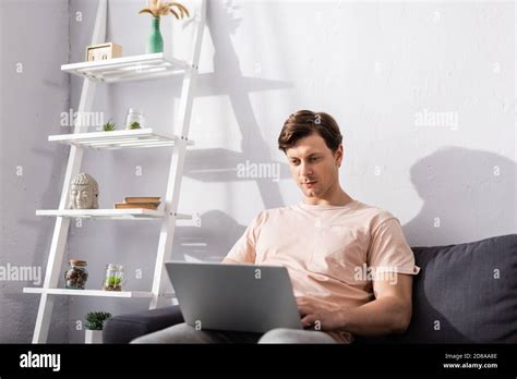 Concentrated Freelancer Using Laptop Sitting On Couch At Home Earning