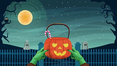 Happy Halloween Animated Scene With Frankstein Lifting Pumpkin Candies