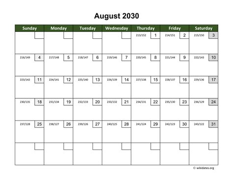 August 2030 Calendar With Day Numbers
