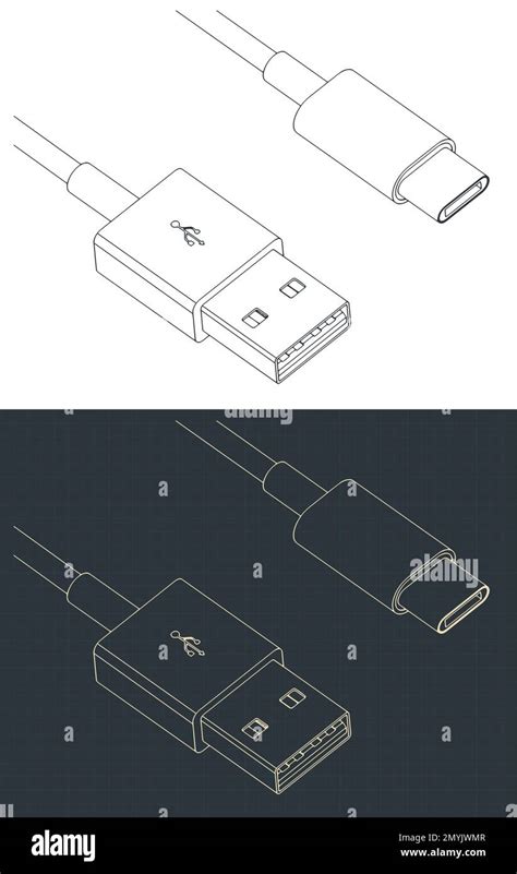 Stylized Vector Illustrations Of Blueprints Of Usb Type A To Usb Type C