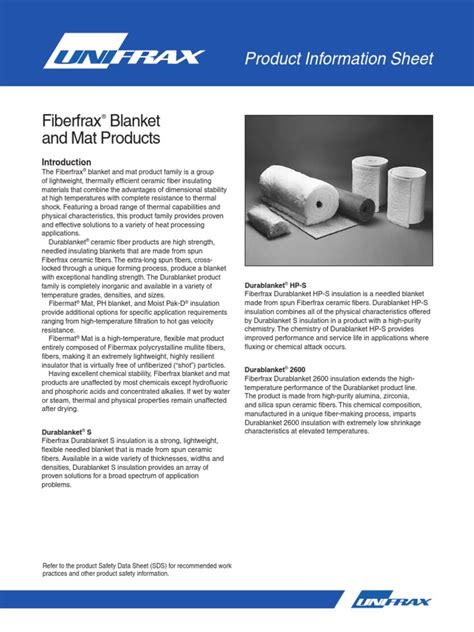 Fiberfrax Blanket And Mat Products Product Information Sheet Pdf