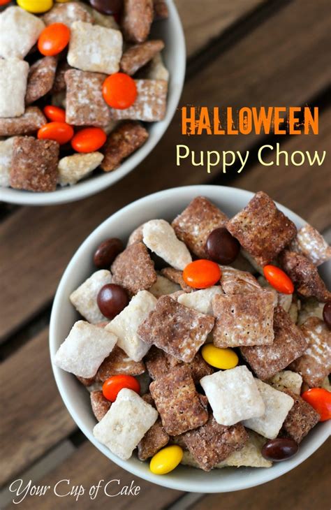 Rice chex coated in a thick chocolate and peanut butter layer with powdered sugar! Halloween Puppy Chow - Your Cup of Cake