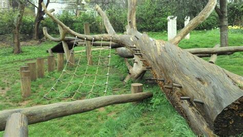 A Fallen Tree Laying On Top Of A Lush Green Field Next To A Wooden Fence