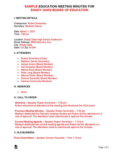 Free Education Meeting Minutes Template Sample Pdf Word Eforms