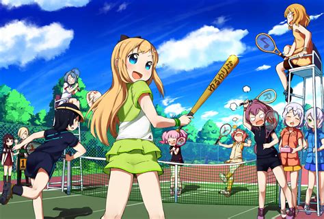 Akaza Akari Ball Baseball Bat Blonde Hair Blue Eyes Clouds Funami Yui