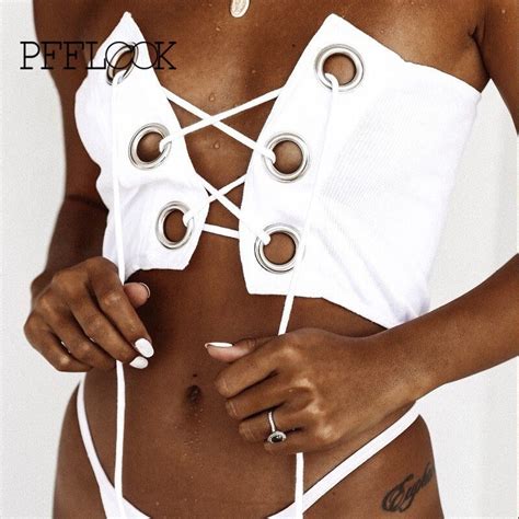 pfflook new solid 6 holes bandage bikini 2018 sexy strapless swimwear women beachwear swimsuit