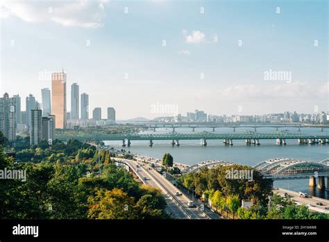 Panoramic View Of Seoul City And Han River Park In Korea Stock Photo