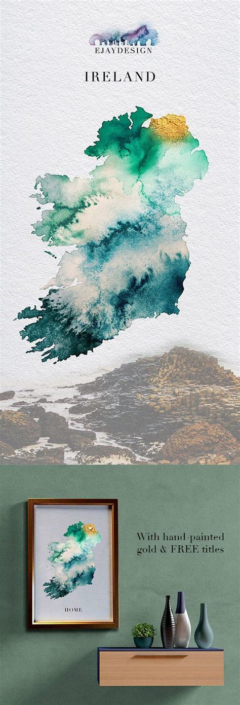 Ireland Watercolour Custom Gold Map In 2020 Watercolor Map