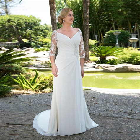 Modest Plus Size Wedding Dresses Custom Made Trouwjurk Beaded V Neck Chiffon Bridal Gown With 3