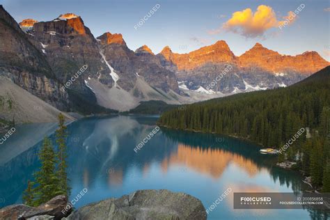 Tranquil Scene Of Moraine Lake At Sunset In Banff National Park