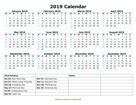 2019 Calendar With Holidays Pdf