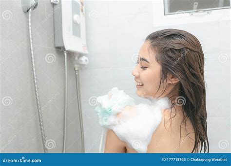 asian women portrait of happy girl taking shower with gel stock image image of friendly model