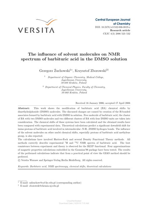 Pdf The Influence Of Solvent Molecules On Nmr Spectrum Of Barbituric Acid In The Dmso Solution