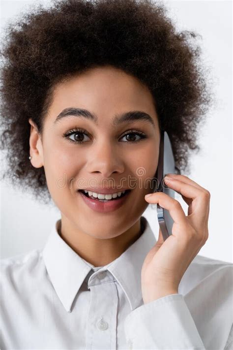 Portrait Of Happy African American Woman Stock Image Image Of Device Smartphone 250341225