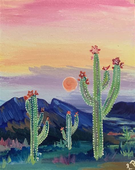 Colorful Cacti Mountain Desert Scene Easy Canvas Art Desert Painting