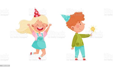 Joyful Kids Celebrating Birthday Set Cute Little Children Wearing Party