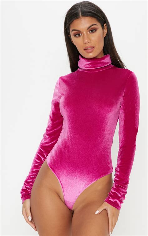 Hot Pink Velvet Roll Neck Ruched Sleeve Bodysuit Prettylittlething Sa