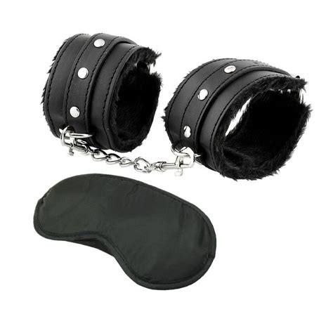 2 In 1 Black Pu Leather Handcuffs And Satin Blindfold Bondage Restraint
