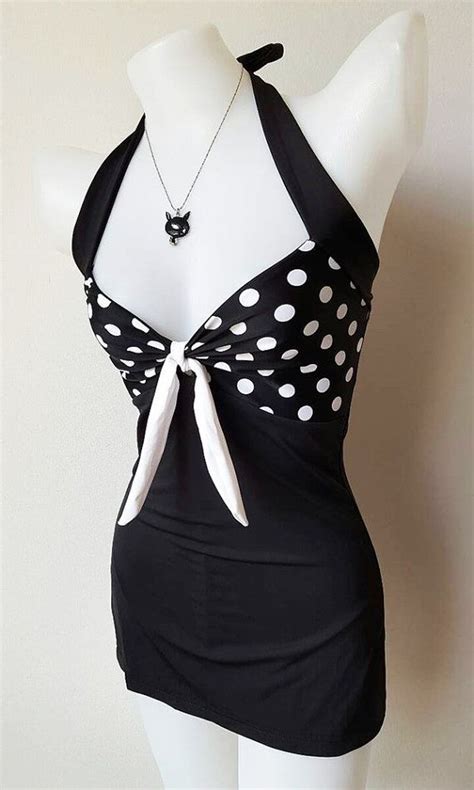 Vtg Bettie Swimsuit In Black White Polka Dots Nautrical In Black And