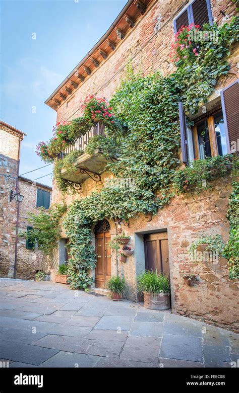 Beautiful Street Of Captivating Montisi Village In Tuscany Italy Stock