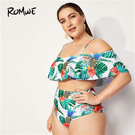 Aliexpress Com Buy Romwe Sport Tropical Print Plus Size Two Pieces Swimsuits Off The Shoulder